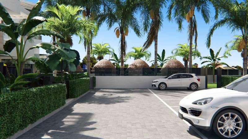 Parking lot with greenery and palm trees near a three-bedroom apartment on Santa Rosalia Lake Street in Torre Pacheco.