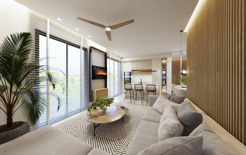Interior of a 3-room apartment with an open living room, kitchen, and modern furniture.
