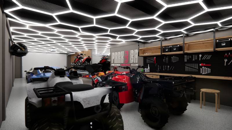 Interior of a commercial space with stored vehicles and tools, futuristic ceiling light decoration.