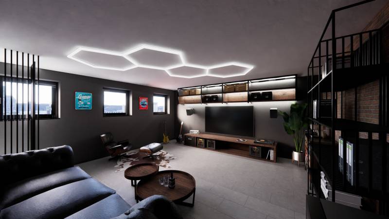 Interior of commercial spaces with seating, a television, and decorative elements.
