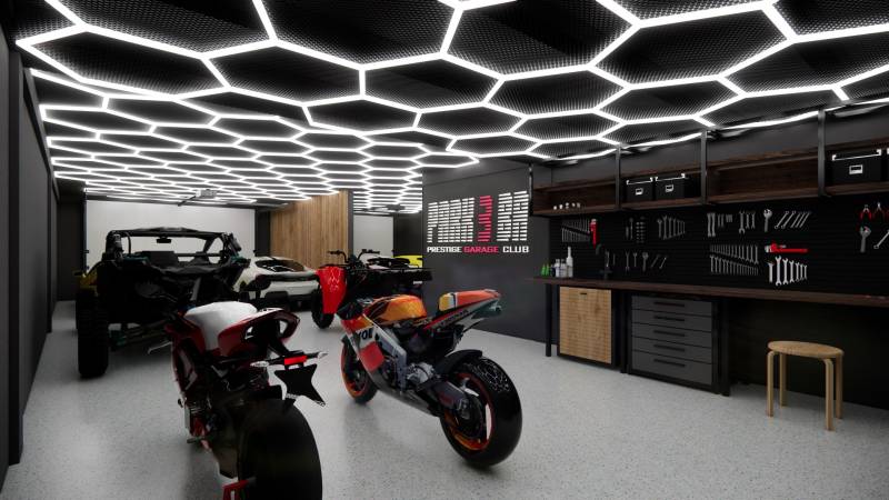 Motorcycles and tools in luxurious commercial spaces with modern lighting.