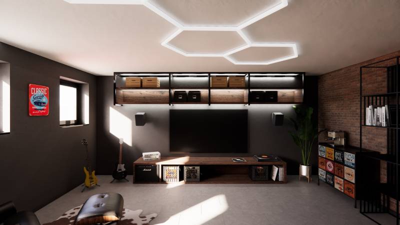 Commercial premises with musical instruments, TV, and modern lighting.