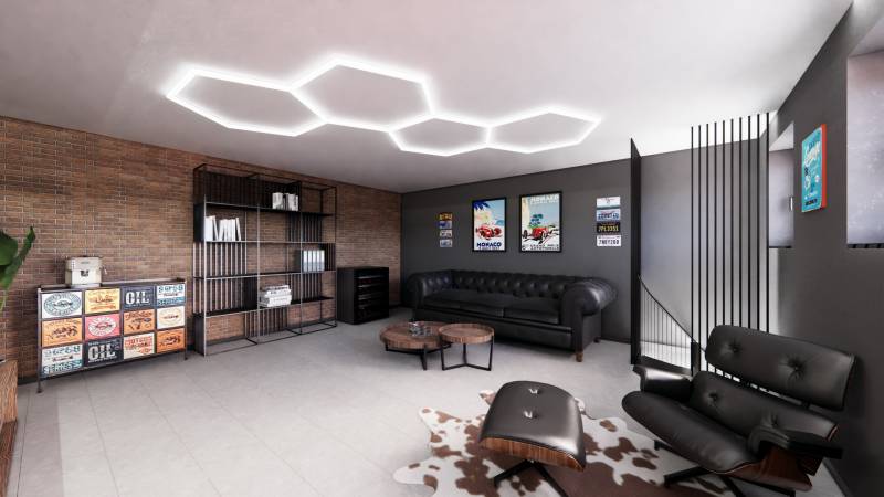 Commercial spaces with comfortable sofas, a brick wall, and modern furniture.