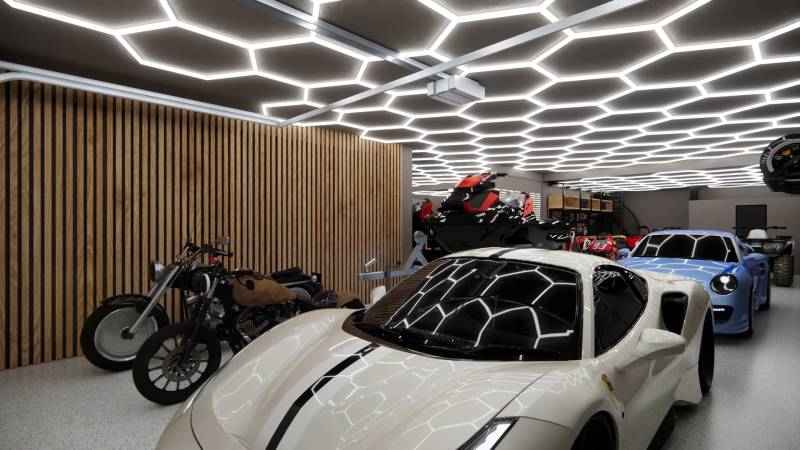 Motorcycles and sports vehicles in commercial spaces with modern lighting.