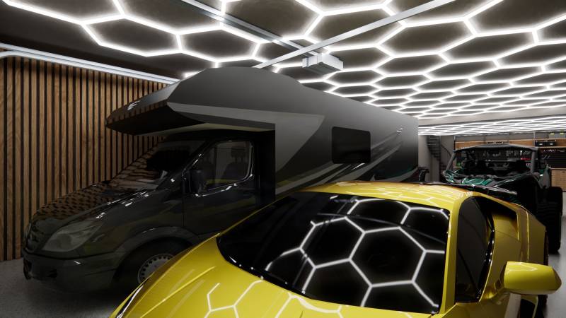 Curtain rods in a commercial space with a light ceiling, a caravan, and a yellow sports car.