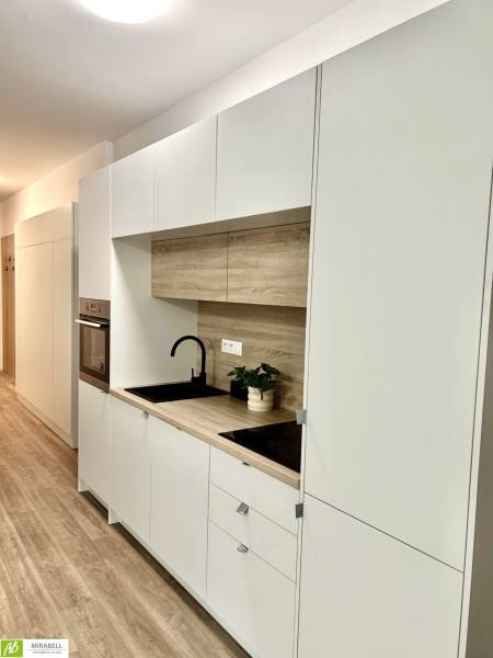 A kitchen in a 2-room apartment with white cabinets and wooden accents.