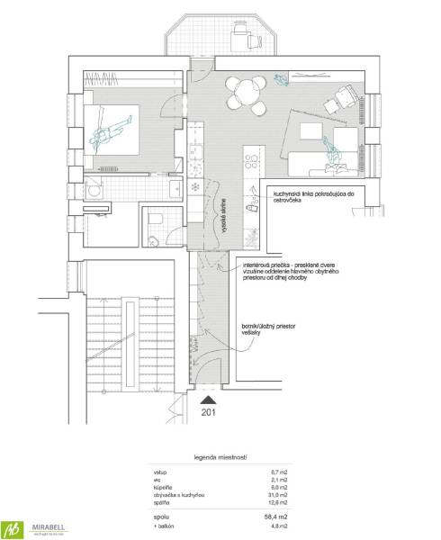 Floor plan of a 2-room apartment with a living room, kitchen, bedroom, and balcony.