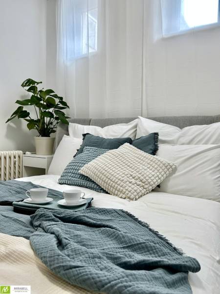 Bedroom in a 2-room apartment with cups on the bed and a plant on the window.