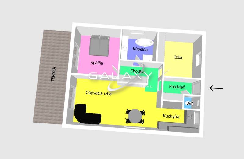 The floor plan of the family house shows rooms, kitchen, living room, bathroom, and terrace.