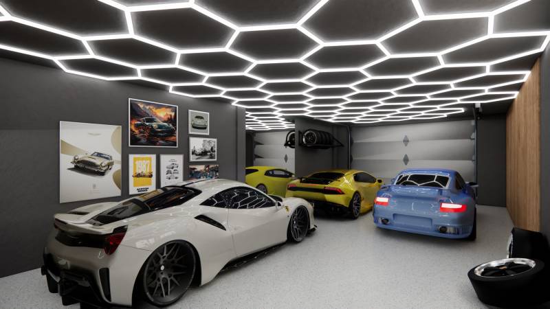 Design garage with luxury cars, decorations, and striking lighting in commercial spaces.