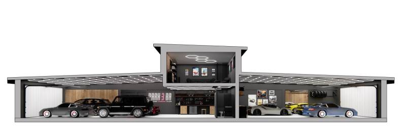 Stylish garage with luxury cars and a gallery, part of commercial premises.