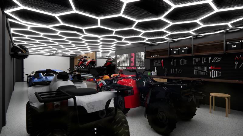 The interior photograph of the garage shows luxury vehicles, tools, and stylish lighting.