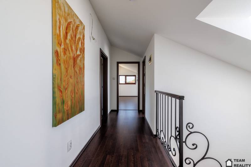 Interior of a family house with a painting on the wall, dark floor, railing.