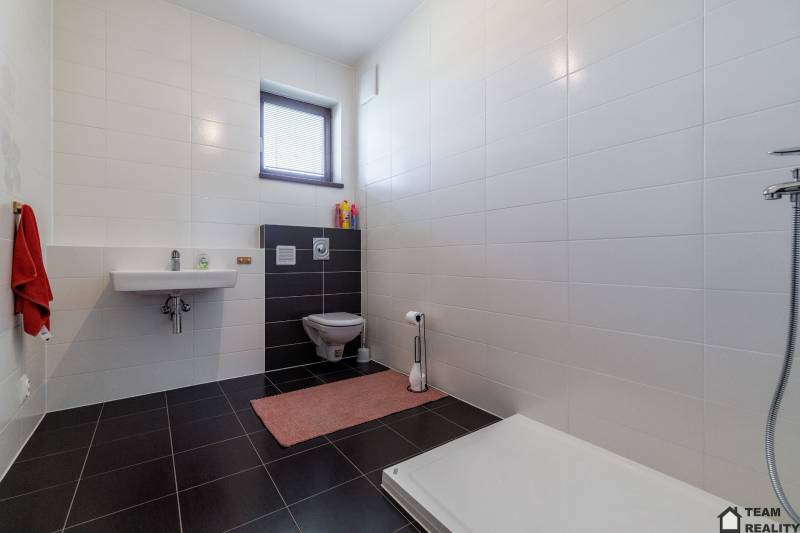A bathroom in a family house with white tiles, a sink, a toilet, and a shower.