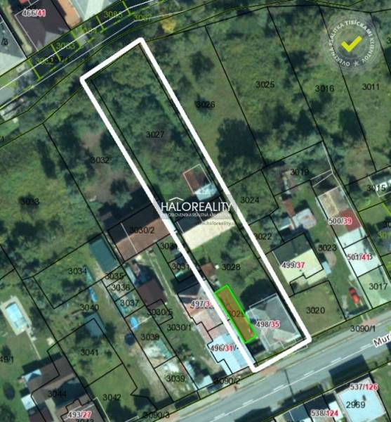 Cadastral map of family houses in Tisovec. Parcels and plot numbers are displayed.