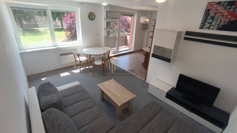 Living room in a two-room apartment with a sofa, television, and dining table.
