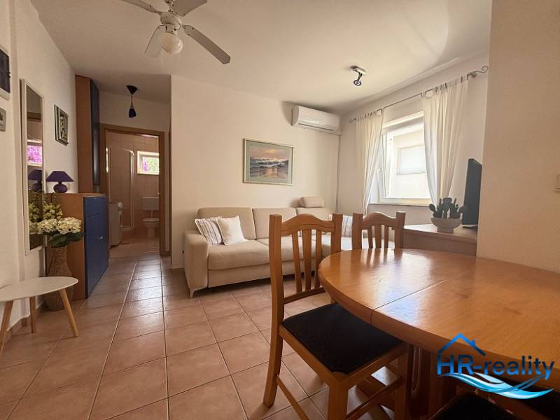 Living room in a two-room apartment with a dining table, sofa, and air conditioning.