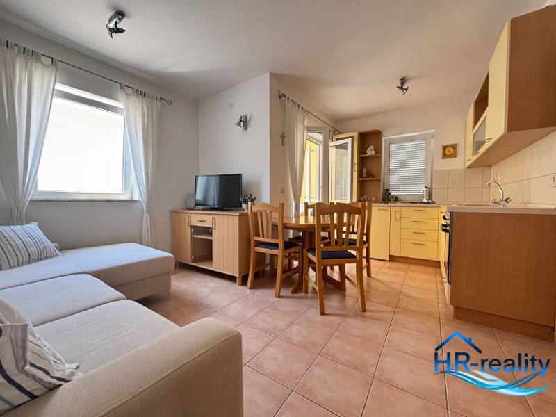 Living room in a 2-room apartment with a kitchenette, sofa, and dining table.