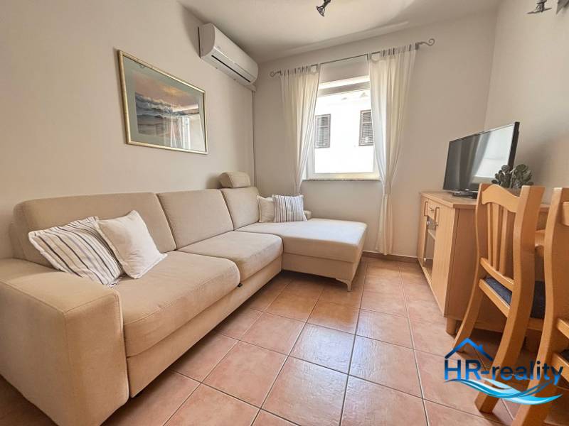 Living room with a sofa, air conditioning, television, and dining table in a 2-room apartment.