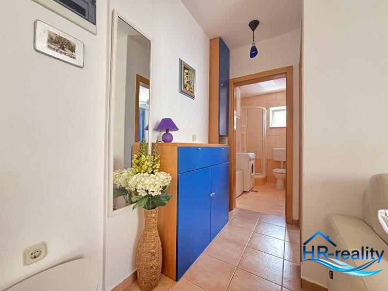 A hallway in a 2-room apartment with access to the bathroom, blue furniture, and decorative flowers.