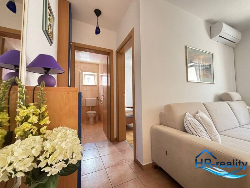 Bright 1-bedroom apartment with a comfortable sofa and a bathroom accessible from the hallway.