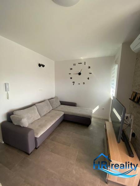 Living room in a two-room apartment with a sofa, television, and wall clock.