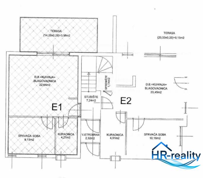 Floor plan of two two-room apartments with terraces and room details.
