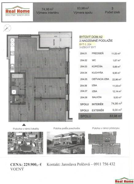 Floor plan of a 3-room apartment with an area of 74.98 m², a balcony, and room layout.