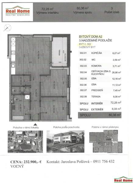 Floor plan of a 3-room apartment on a floor with an area of 72.28 m², terrace 8.08 m².