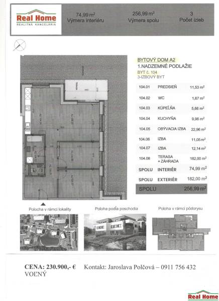 A 3-room apartment design with an area of 74.99 m² with a terrace of 182 m².