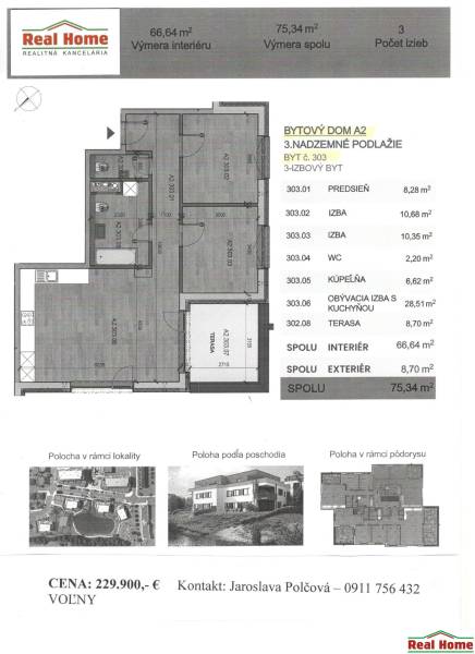 Floor plan of a 3-room apartment with the area of the rooms, including the kitchen and terrace.