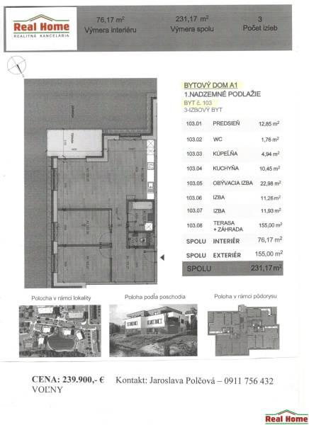 Floor plan of a 3-room apartment with a terrace and garden, Vtáčia, Senec. Interior area 76.17 m².