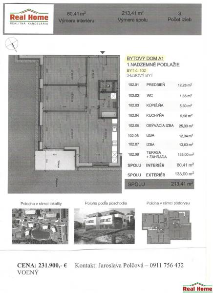 Floor plan of a 3-room apartment for sale with a terrace and exterior area.