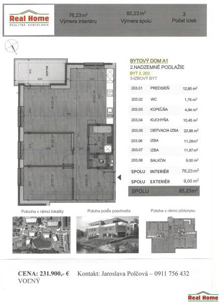 Floor plan of a 3-room apartment with an area of 85.23 m². Balcony 9 m². Contact: Jaroslava Polčová.