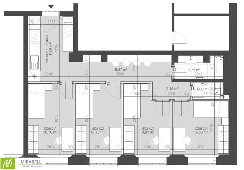 Floor plan of a 4-room apartment with four rooms and a kitchenette, total area shown.