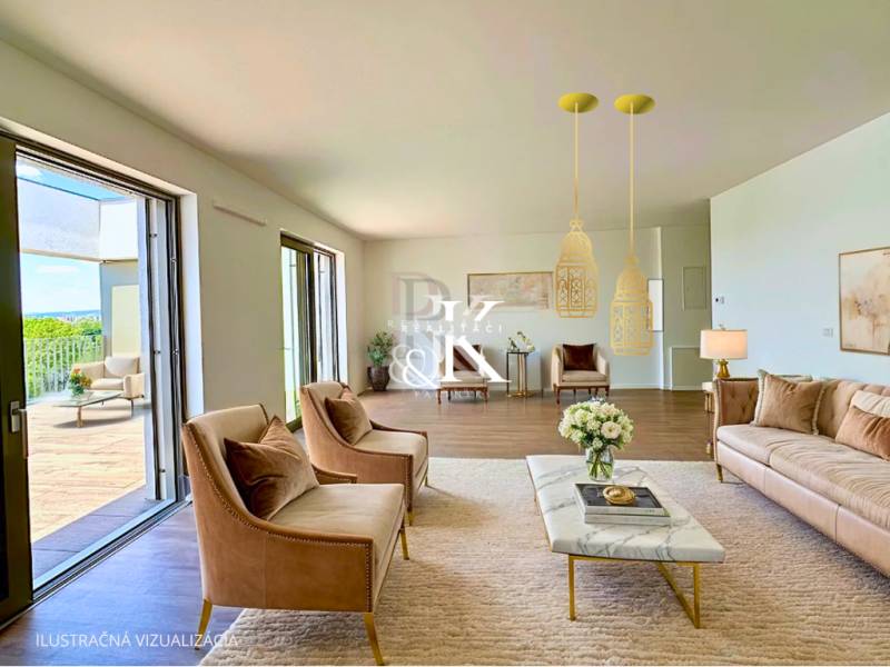 A spacious living room in a 3-room apartment with large windows and comfortable seating.