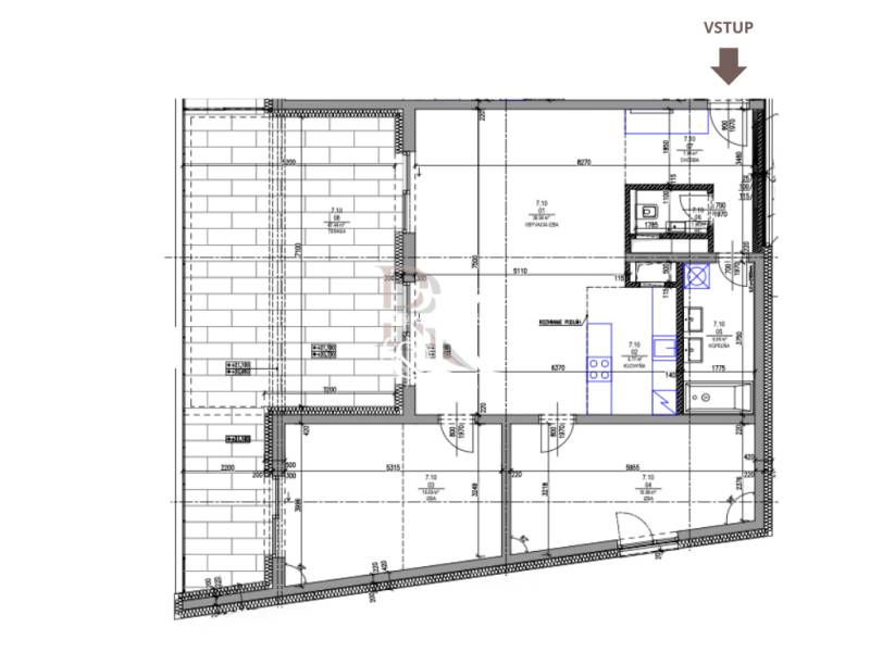 Floor plan of a 3-room apartment with a kitchen, living room, and terrace zone.