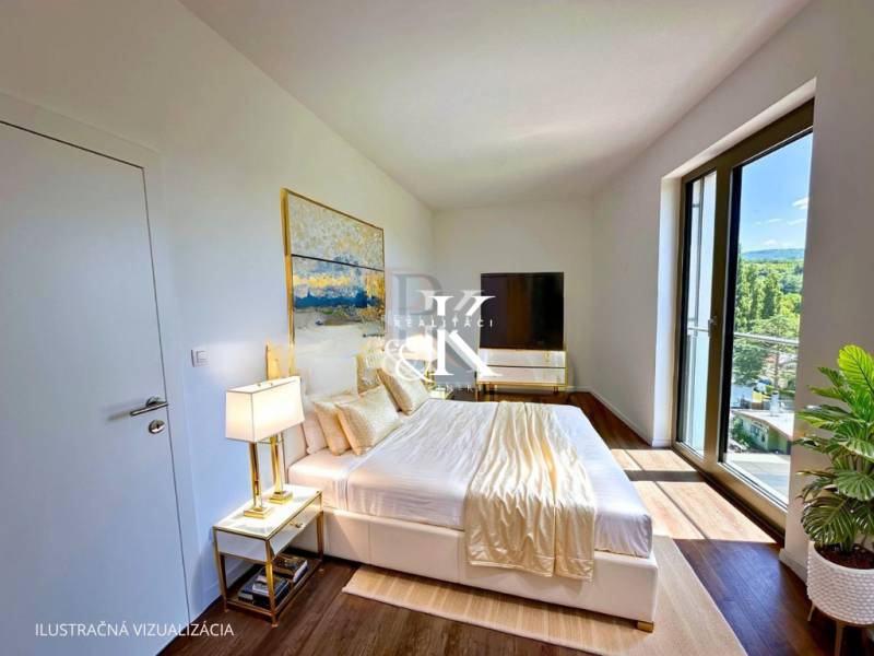 Elegant bedroom with large windows and a painting in a 3-room apartment, offering comfort and style.