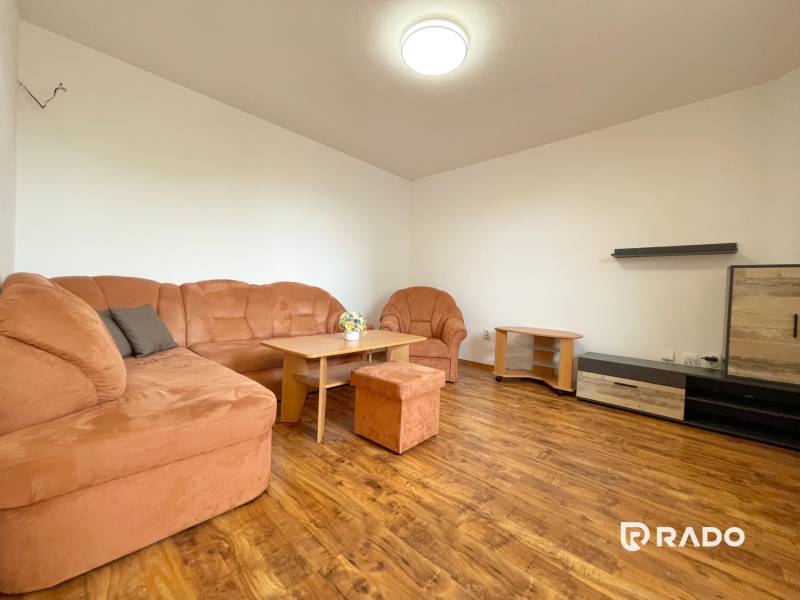 Living room in a two-room apartment with a sofa and tables on a wooden floor.