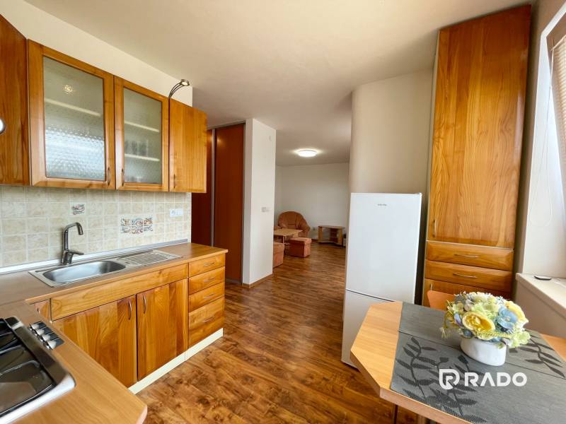 Wooden kitchen with dining table and view into the living room, 2-room apartment.