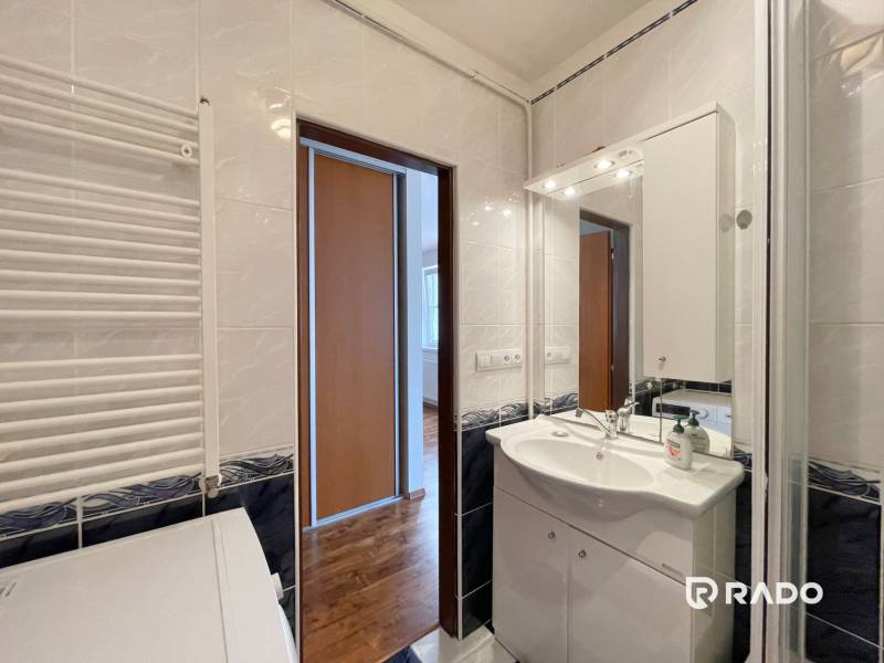 Bathroom in a 2-room apartment with a mirror and a sink, visible hallway and corridor.