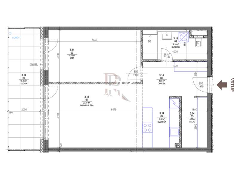 Floor plan of a 2-room apartment with a living room, kitchen, bathroom, and loggia.