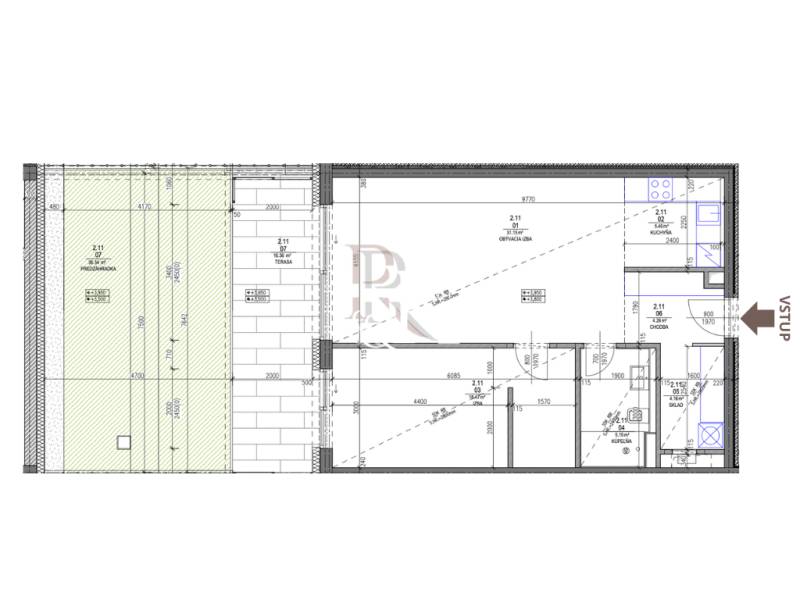Floor plan of a recreational apartment with a terrace and a living room.