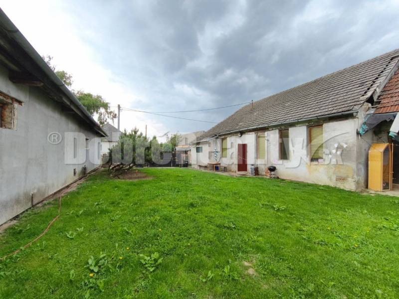 The garden of a family house in Neded on Neded Street, with a grassy area and shelters.