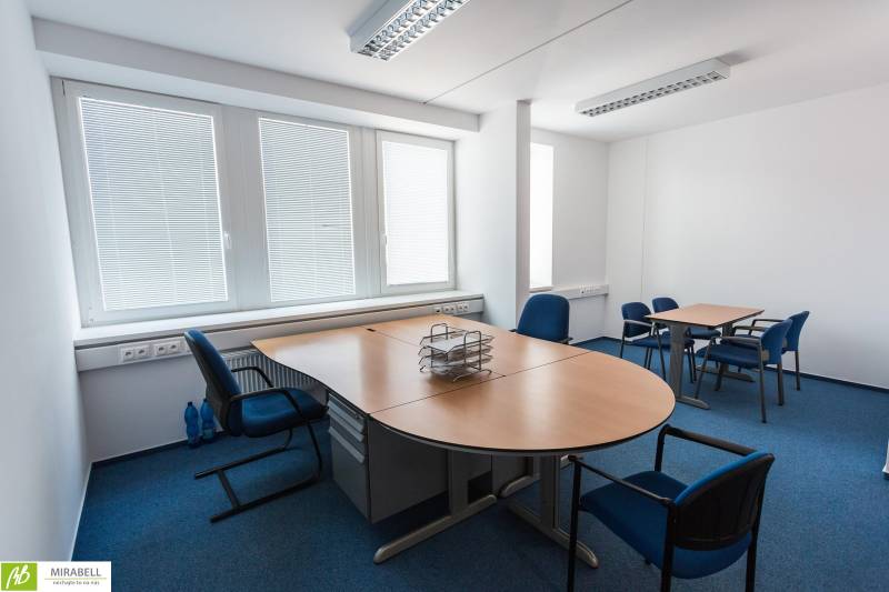 Blue carpeted office with a large window, desk, and blue chairs.
