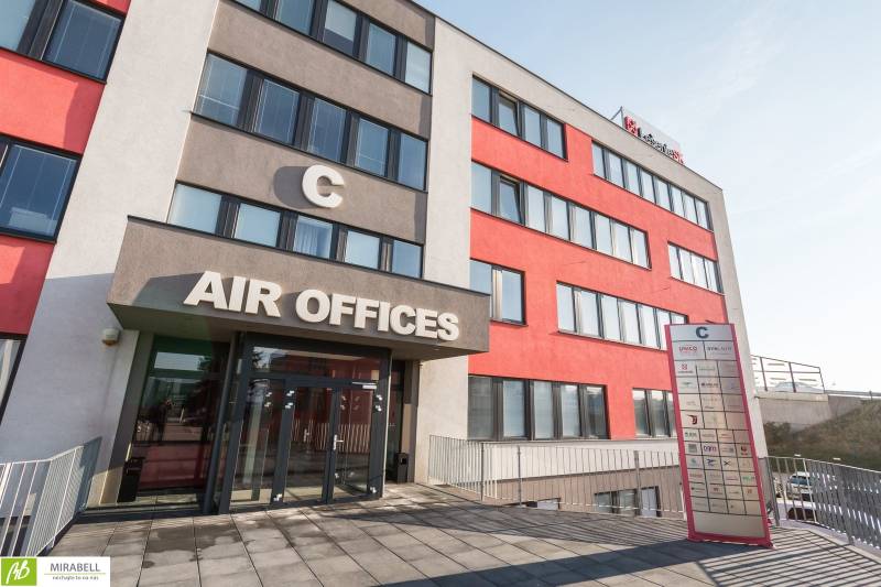Office building on Pestovateľská in Bratislava - Ružinov with entrance and logo 