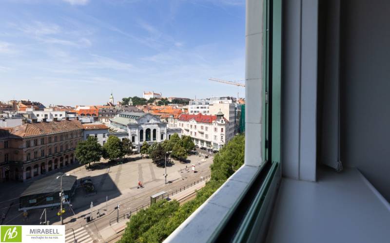 View from offices in Bratislava - Old Town, SNP Square, with historical buildings.