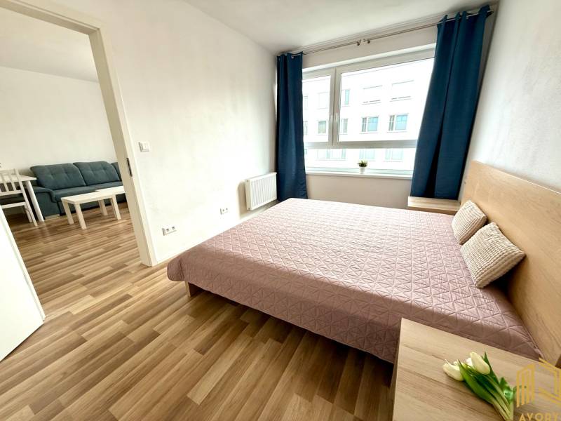 A bright bedroom in a 2-room apartment with a bed, a window, and a view into the living room.