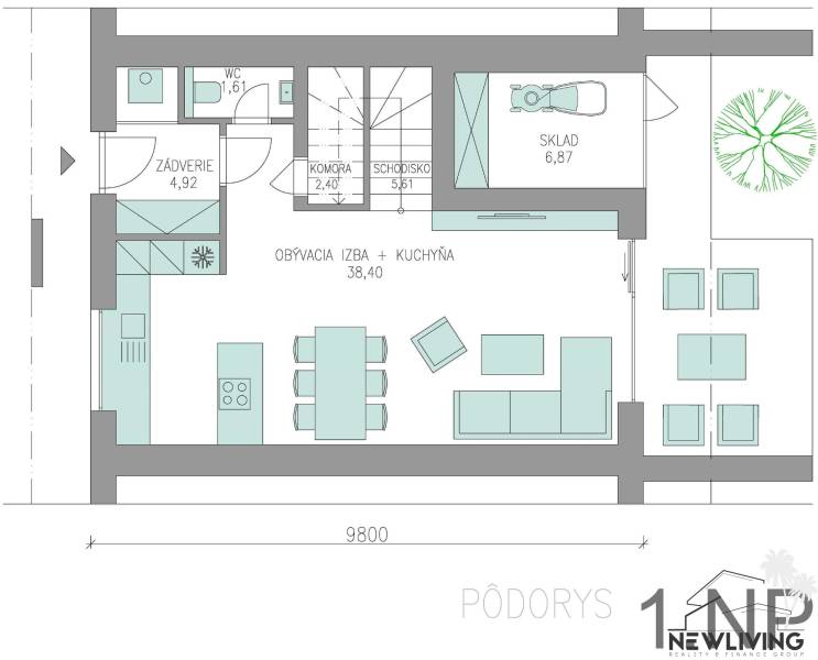 Floor plan of a family house with a living room, kitchen, and storage on the ground floor.