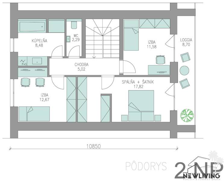 Floor plan of the second floor of the family house: rooms, bathroom, hallway, loggia, and toilet.